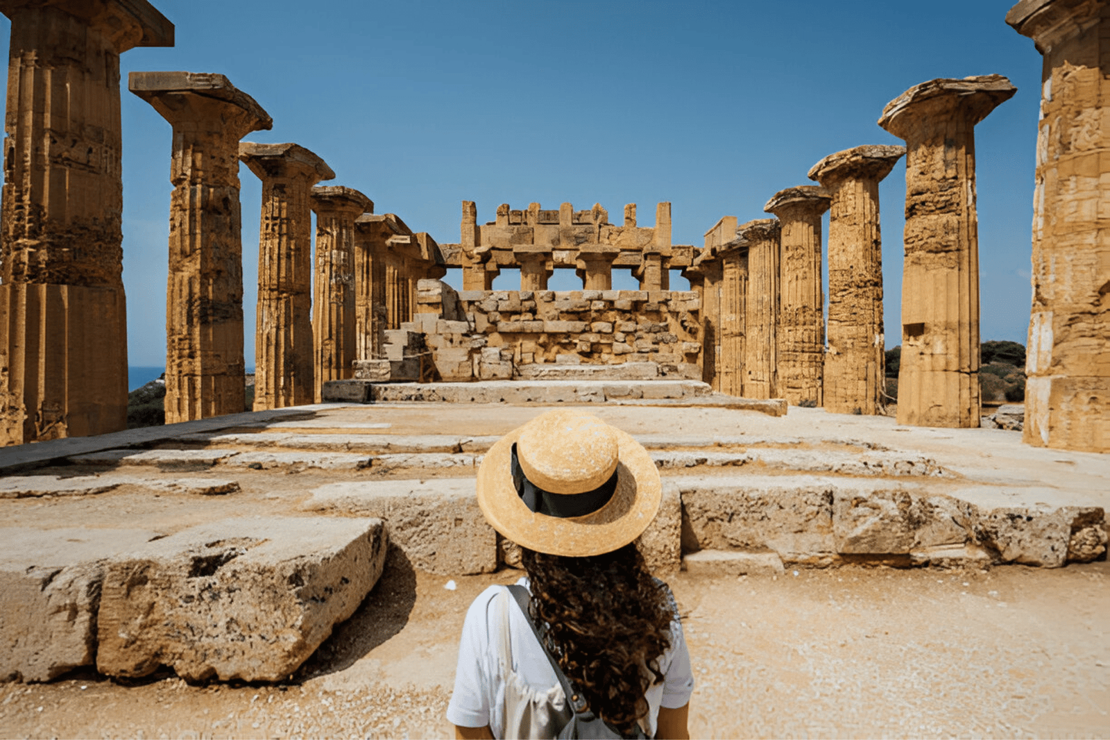 Rear view of a woman with a hat while she's admiring an ancient temple