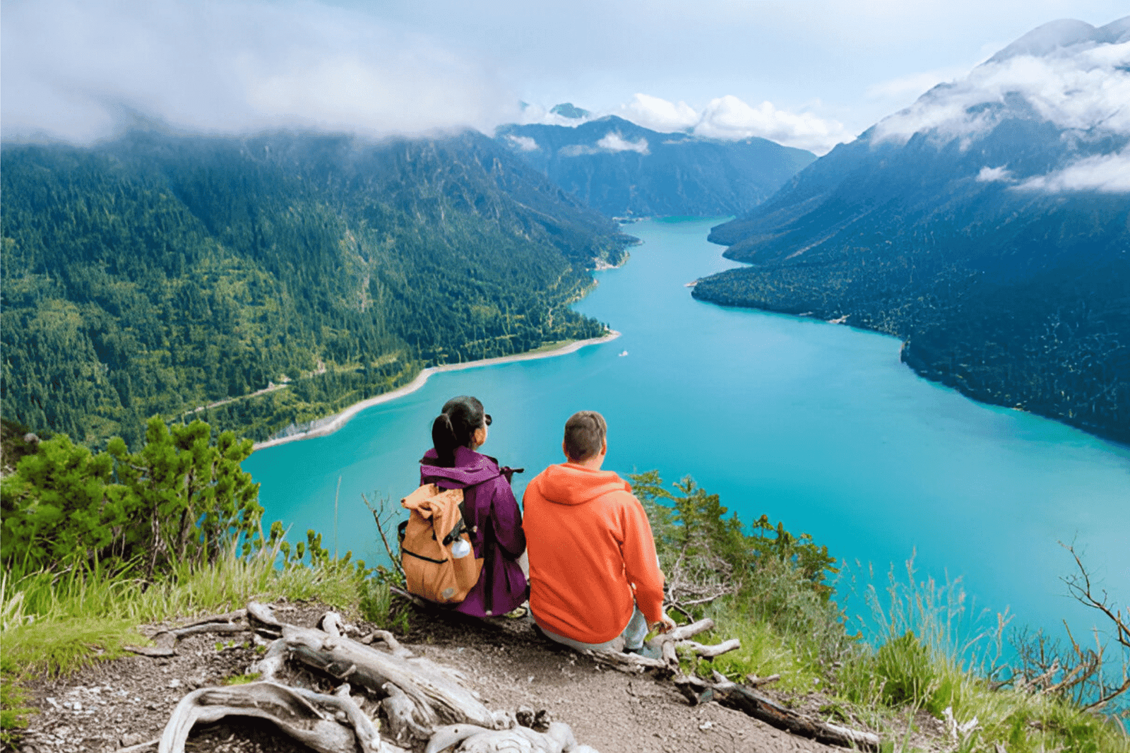 a couple on a romantic mountain lake