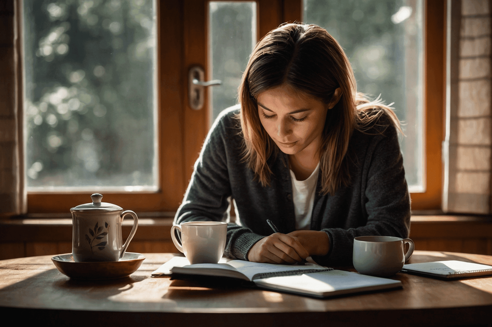 Person journaling "Digital Detox Challenge" with a peaceful expression, symbolizing mindful technology use