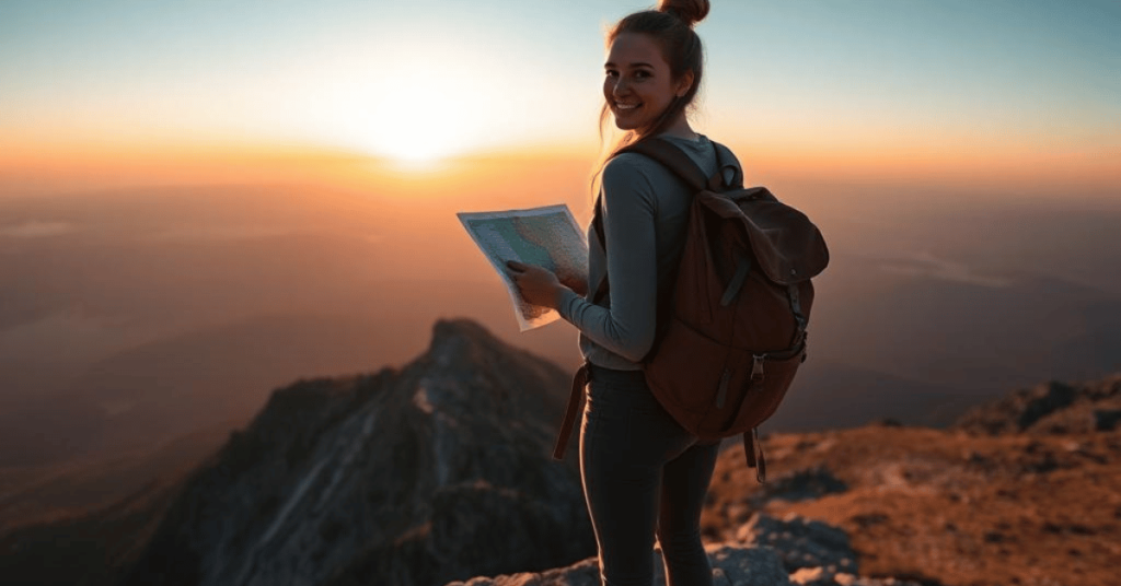 Confident woman standing on a mountain peak at sunrise, symbolizing, Tips for Females Traveling Alone