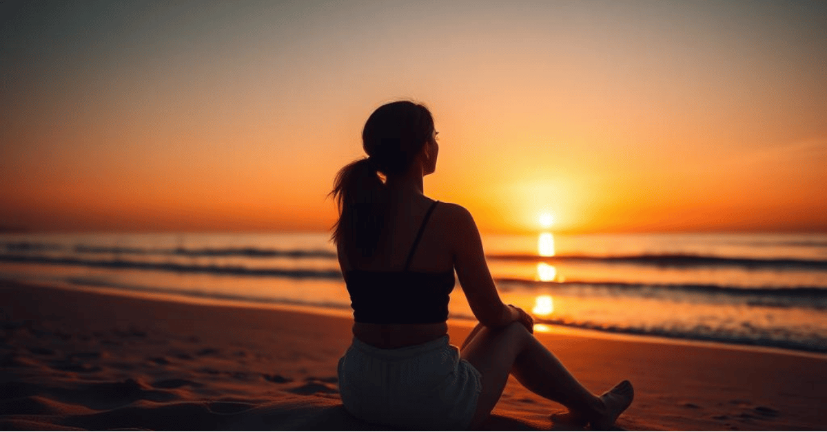 Woman sitting on a beach at sunset, reflecting on her solo travel journey