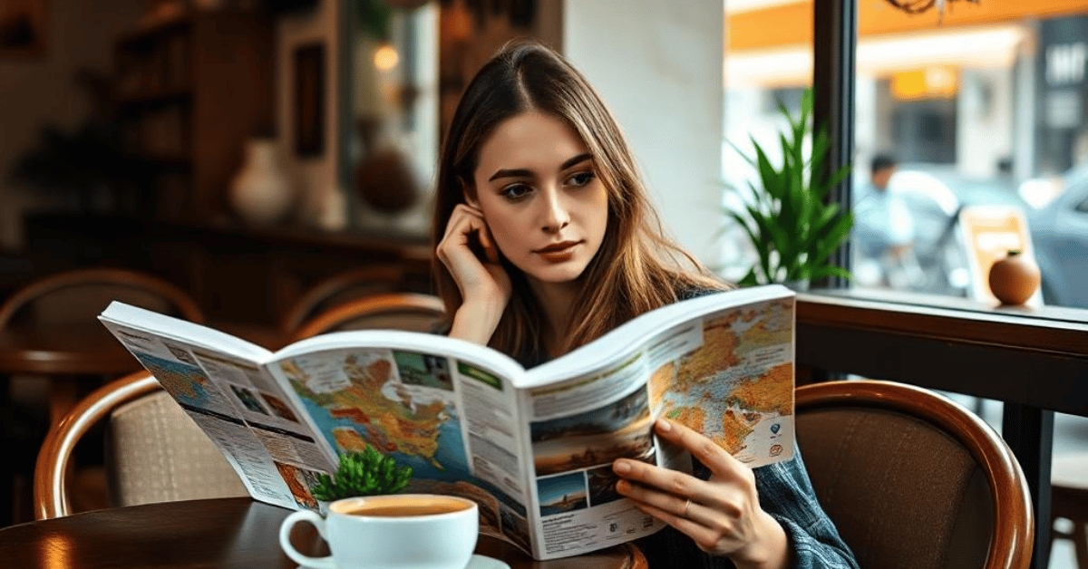 Woman reading a travel guidebook in a cozy café, representing solo female travel exploration